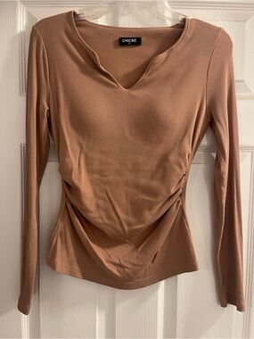 Never Worn Tan Women's Long Sleeve Ruched Tan Top with built in bra.